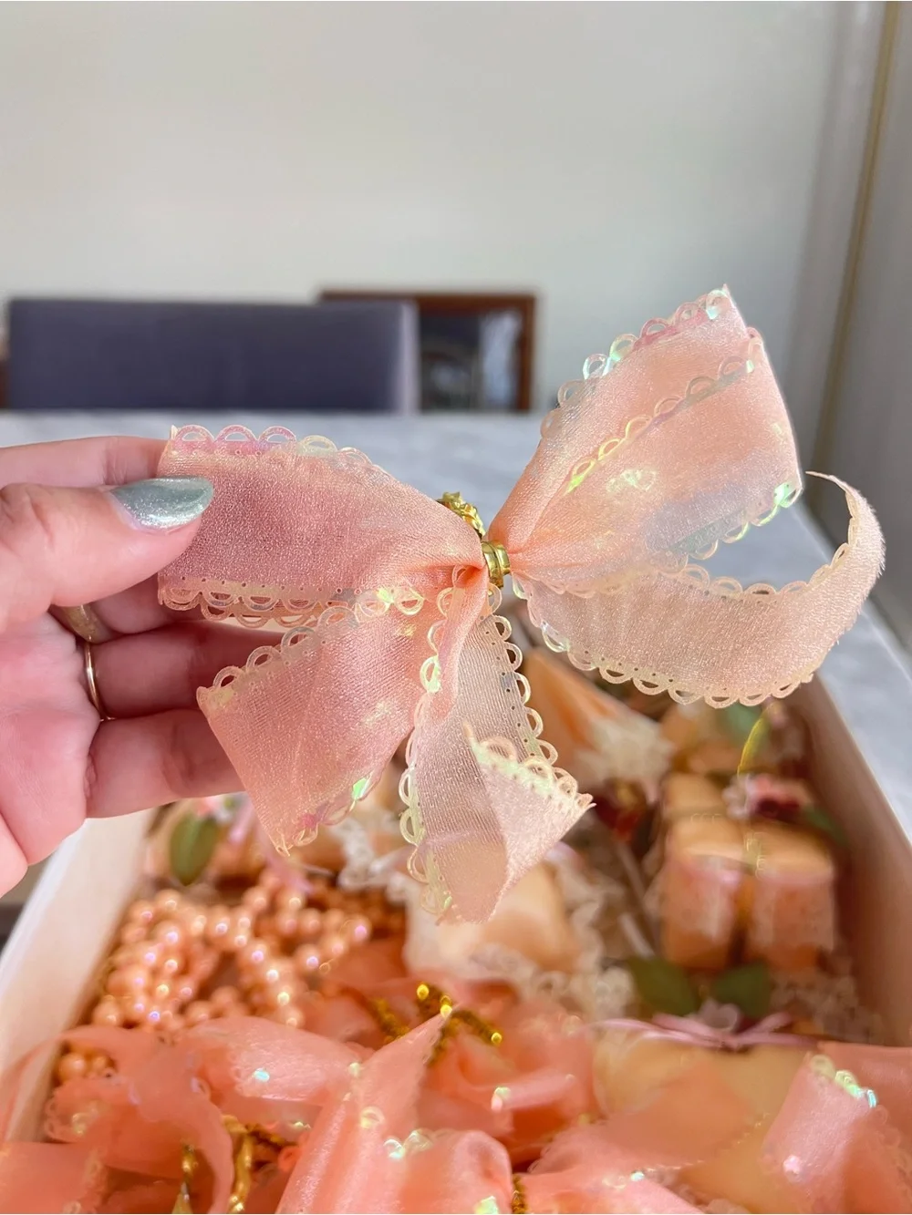 Vintage Holiday Peach Satin & Lace Decorative Ornaments